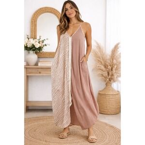 Surf Gypsy Womens Small Zebra Print Split Maxi Dress Rose Pink Crochet Fringe